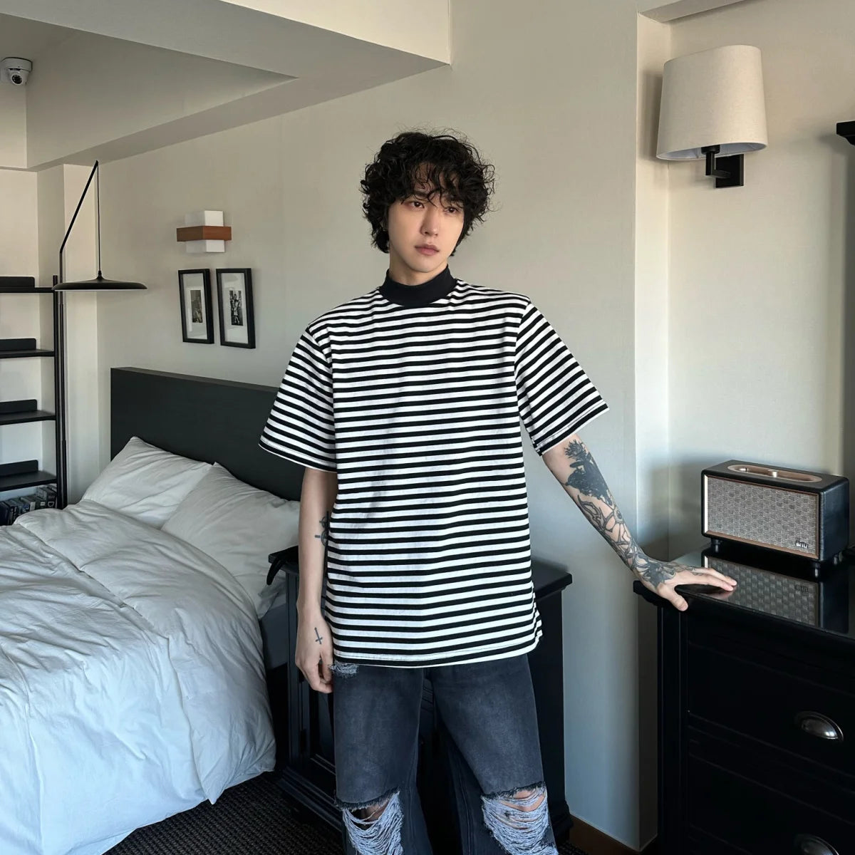 Cyberpunk Oversized shirt – Summer New Men Korean Style Loose Bottoming Shirt Black And