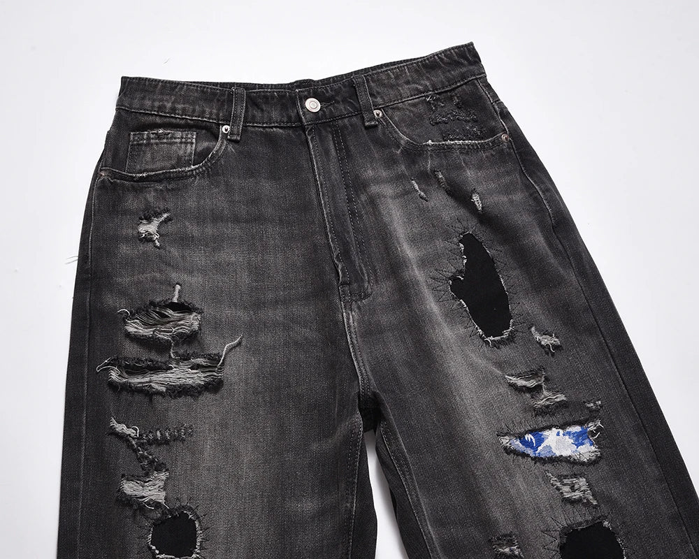 frayed hole washed pantalones hombre baggy jeans mens straight hip hop casual ropa y2k denim pants oversized cargo trousers unique cargo style 1300