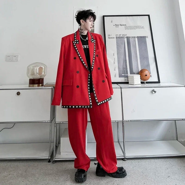 men streetwear fashion loose casual rivet hip hop party dress 2 piece suits blazers jacket pant sets stage clothing costume urban fashion pants