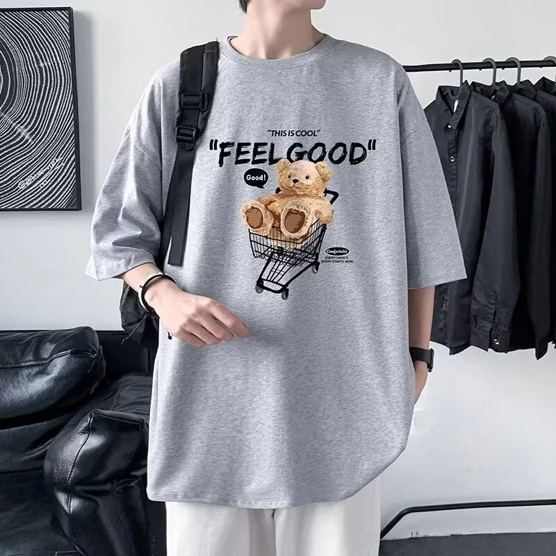 Anime Graphic tee – Funny Feel Good Bear Print Tops Man Casual Oversize T Shirt