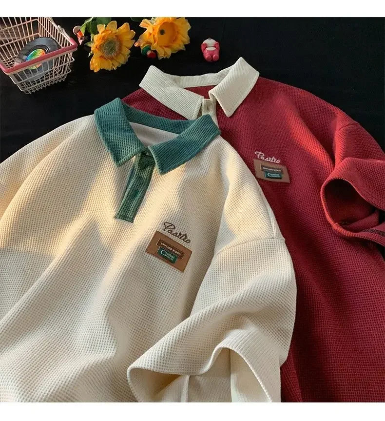 Hip Hop American Street Men and Women Trendy Personality Polo Shirt Short sleeved Summer Waffle Vintage Casual