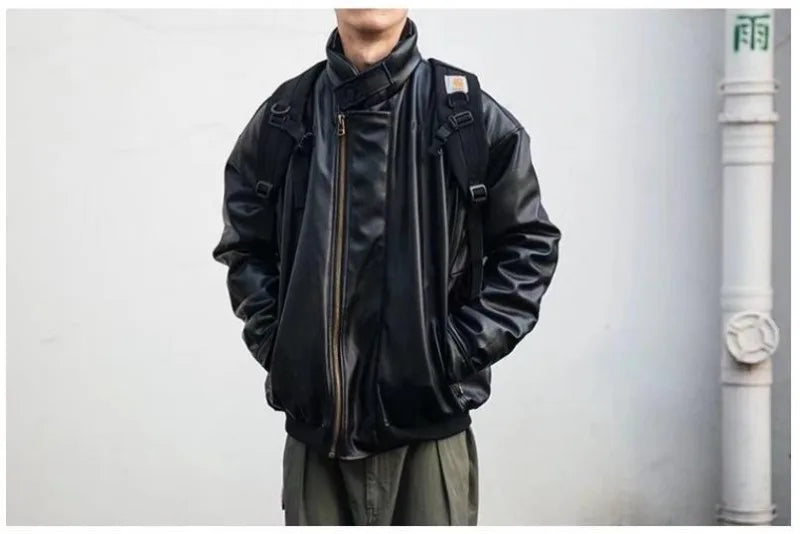 japanese street motorcycle set men thickened stand collar hip hop leather jacket harajuku casual pants 2 pcs bomber suit 2023 unique default style 4897