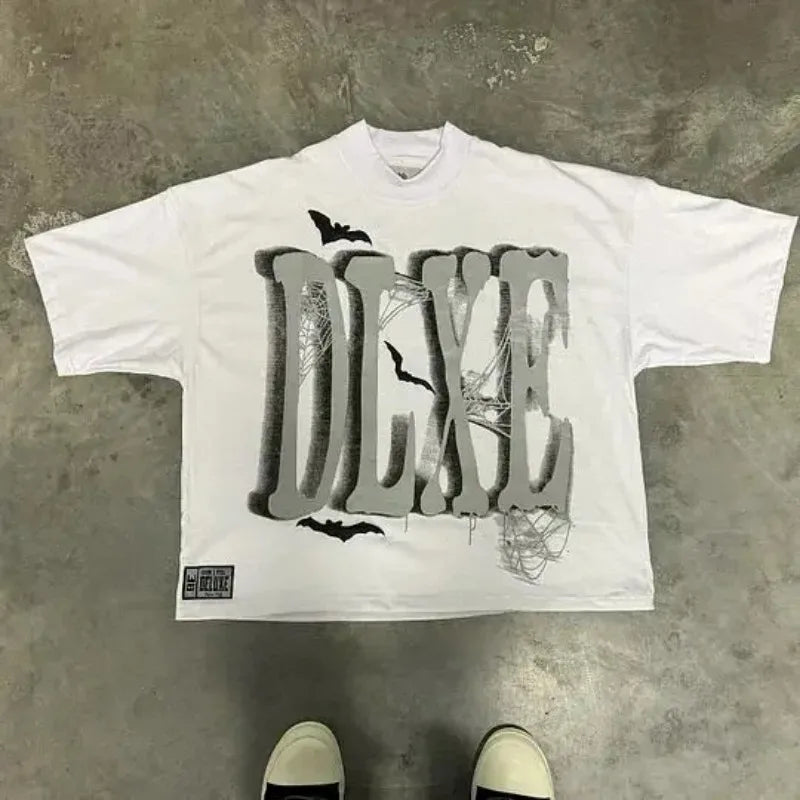 Harajuku Hip-hop Versatile Anime Letter Print Oversized Short-sleeved T-shirt Y2k Men Women Casual Loose Fashion Retro Top