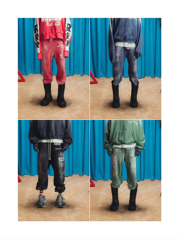 rrr123 brand fashion high street heavyweight best quality cotton washed distressed drawstring casual sport pants clean everyday pants