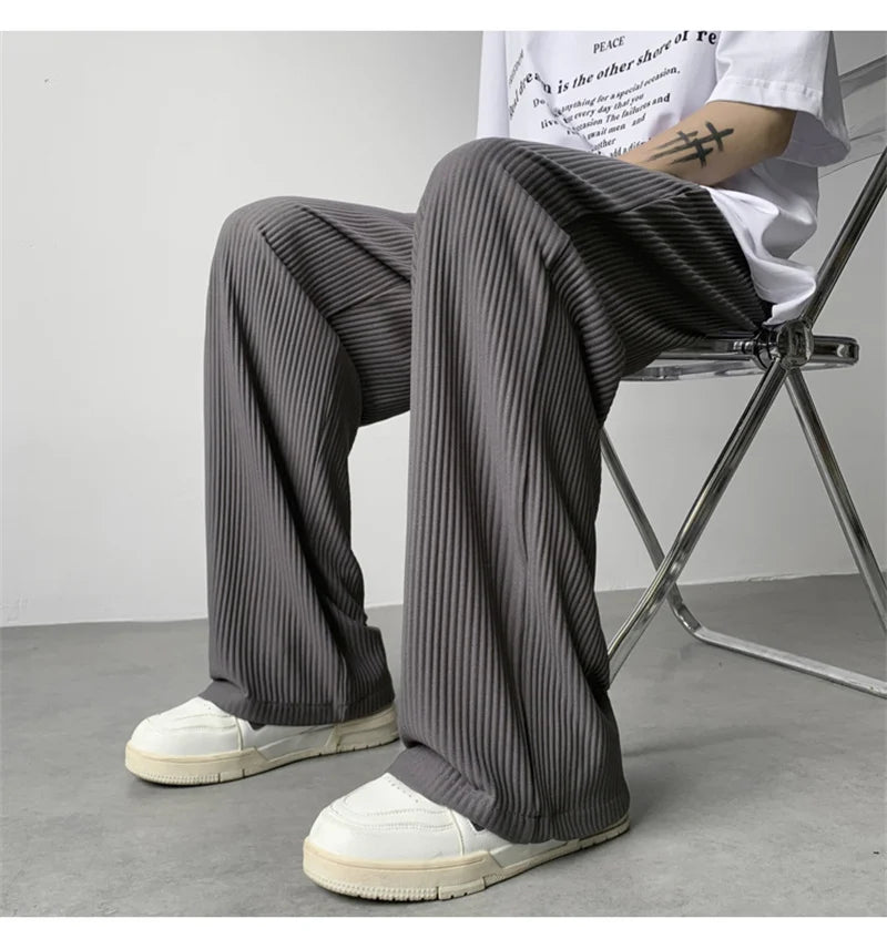 summer texture straight pants for men korean fashion baggy wide leg trousers casual drape pleated striped y2k pantalones hombre unique default style 496
