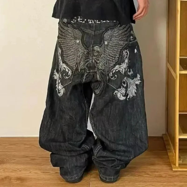 american fashion pattern embroidery loose women street y2k new hip hop punk oversized mopping wide leg pants couple casual jeans ripped baggy denim