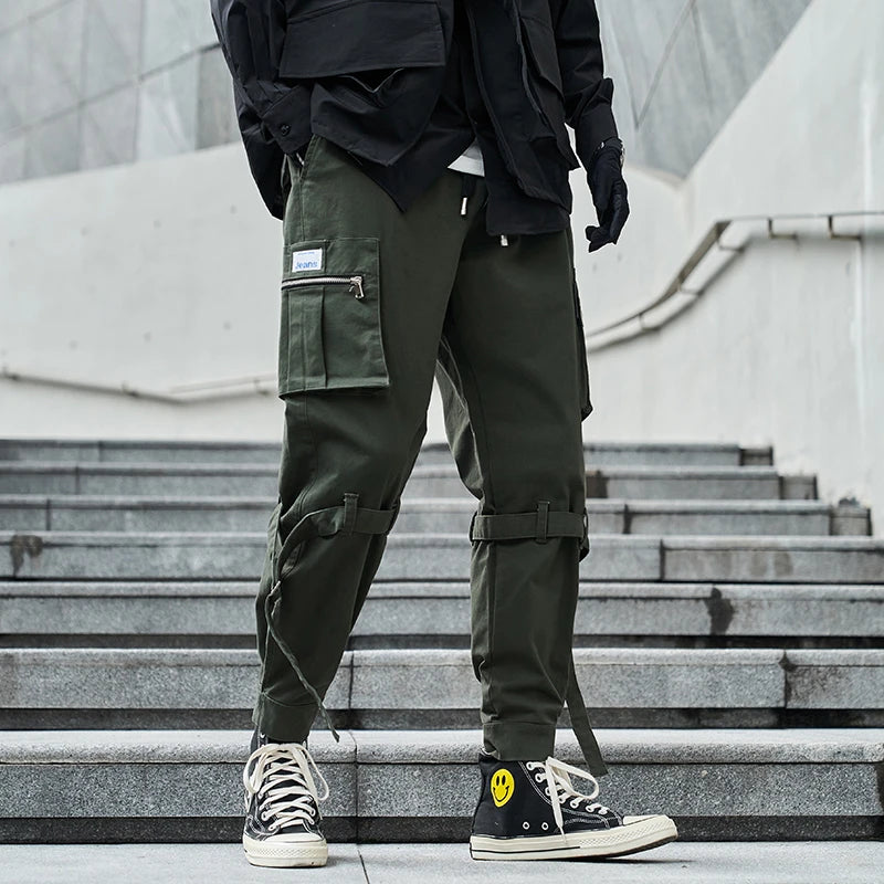 hip hop loose fit elastic waist cargo pants side big pocket ankle pants with belt mens drewstring military sweatpants joggers sporty tapered joggers