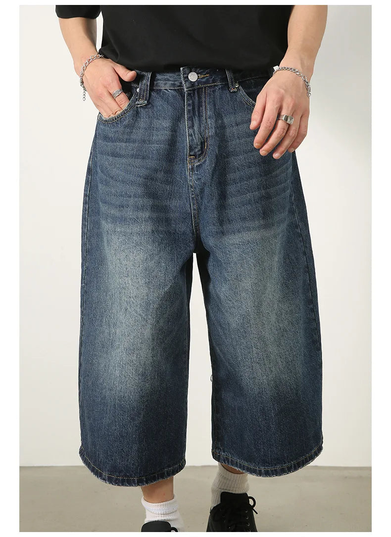 men summer streetwear fashion loose casual wide leg denim calf length jeans pants male vintage jeans baggy hosen pants unique jeans style 1489