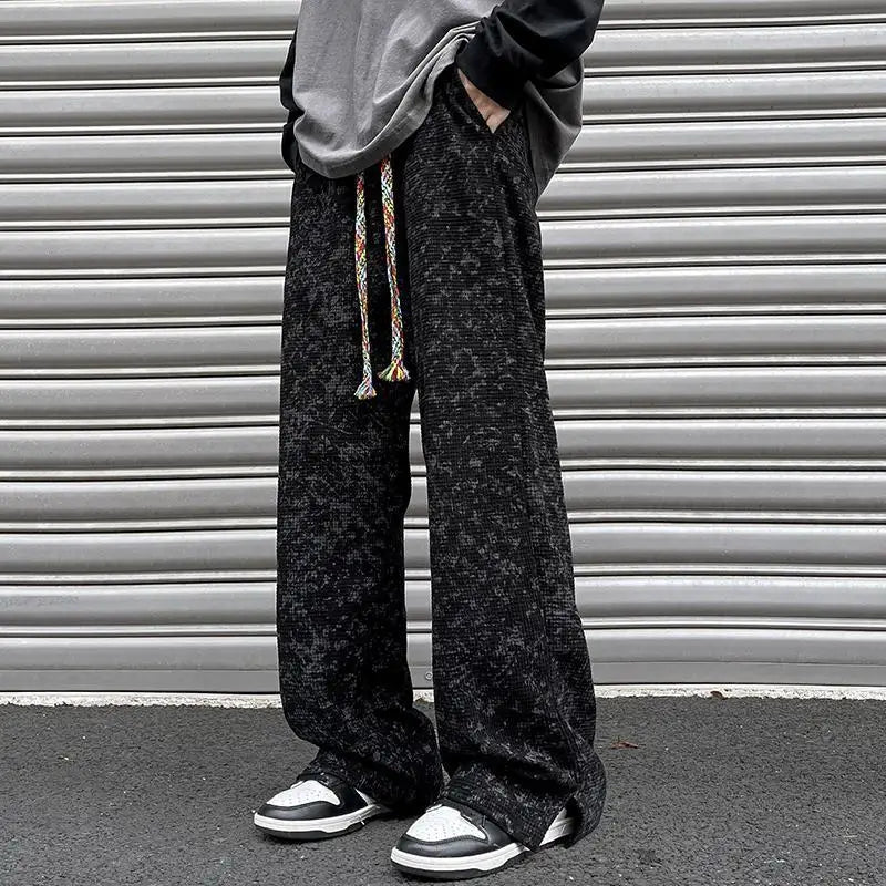 korean style waffle tie dye casual pants high street vibe pants men trendy brand colorful drawstring side slit straight trousers clean everyday pants