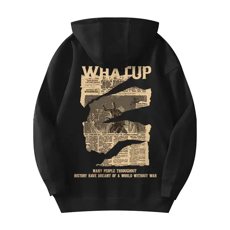 New Gothic Newspaper Graphic Print Hooded Sweatshirt For Men Fleece Hip Hop