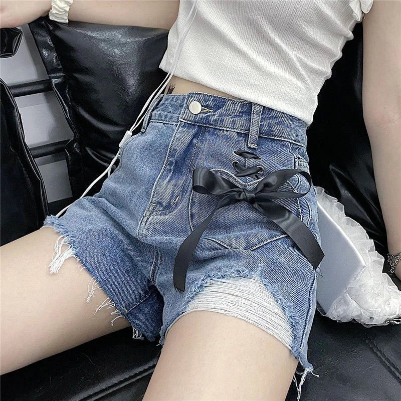 high waist women denim shorts summer fashion bow loose shorts korean casual female streetwear all match ripped pants unique jeans style 1313