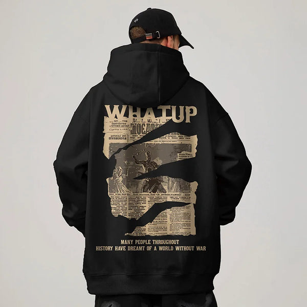 New Gothic Newspaper Graphic Print Hooded Sweatshirt For Men Fleece Hip Hop