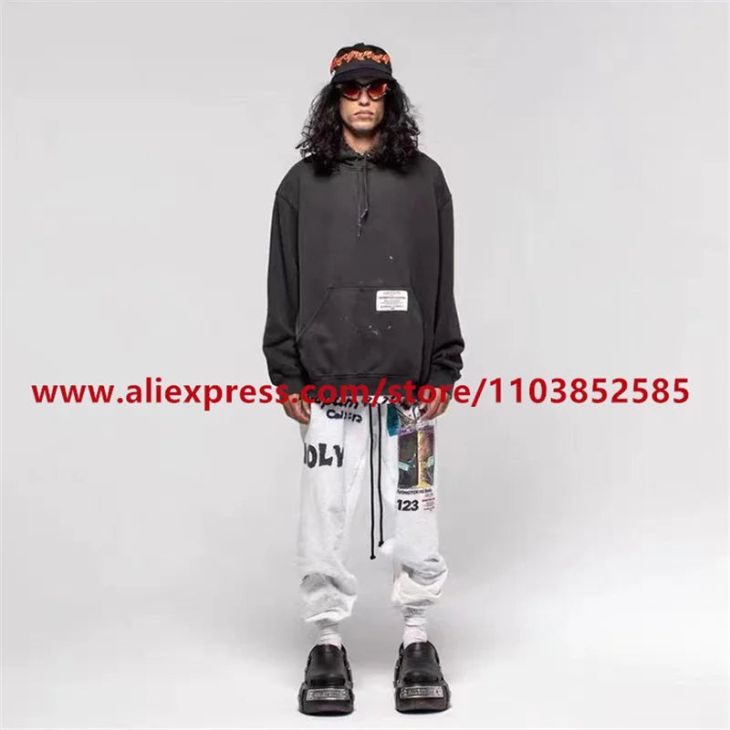 2024 autumn winter vintage casual sports pants mens letter illustration printed loose drawstring leg strap high street hip hop unique default style 1868