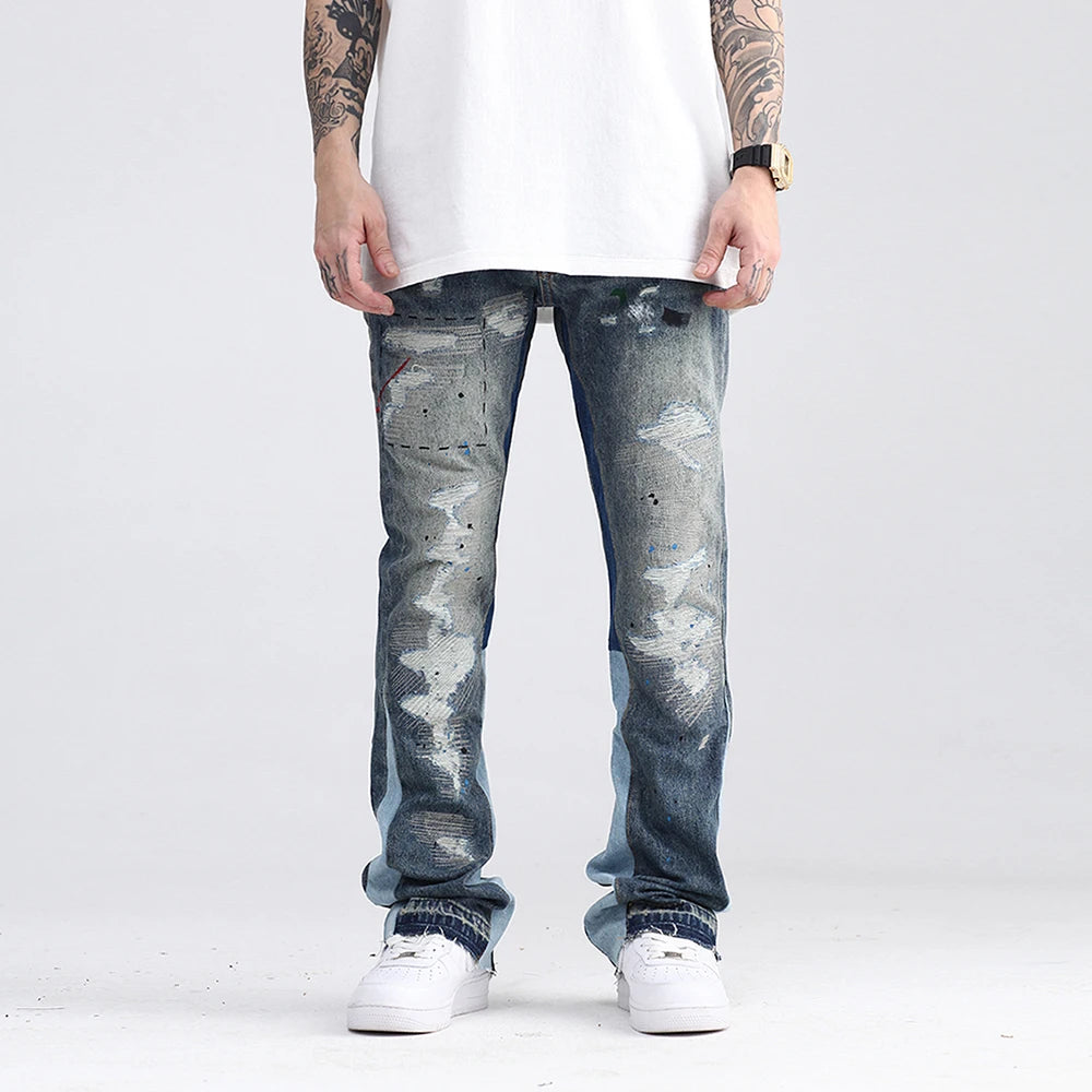 blue speckle ink washed destroyed flared jean pants hip hop graffiti ripped denim jeans for men streetwear vintage wide jeans vintage washed jeans