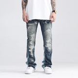 blue speckle ink washed destroyed flared jean pants hip hop graffiti ripped denim jeans for men streetwear vintage wide jeans vintage washed jeans