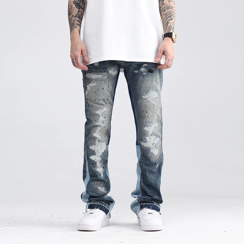 blue speckle ink washed destroyed flared jean pants hip hop graffiti ripped denim jeans for men streetwear vintage wide jeans vintage washed jeans