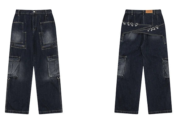 fashion punk rings streetwear loose pants unisex casual multiple pockets wide legs jean pants hip hop joggers men baggy jeans unique joggers style 1498