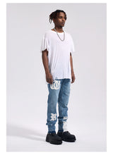 Frog drift Fashion Streetwear High Street REMAKE y2k Straight Stickers Blue Denim Jeans Trousers for men homme