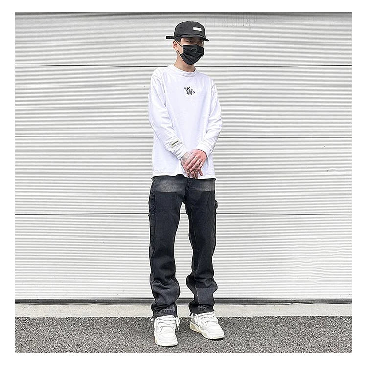 patchwork design denim flare jeans pants men casual zipper straight biker trousers jeans fashion streetwear hip hop jean joggers unique joggers style 2594