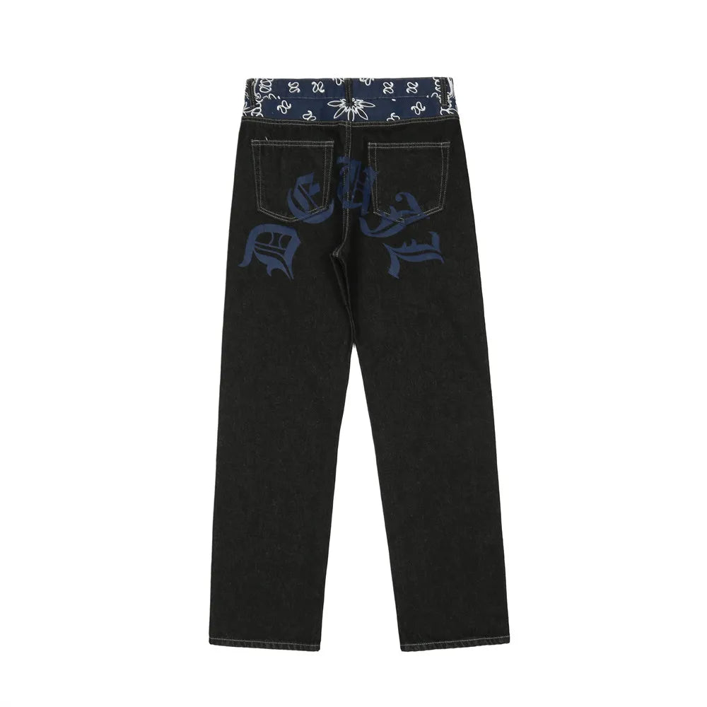 y2k retro sanskrit black jeans street casual pants punk male hip hop print loose harajuku mens straight pants ins hot sale unique jeans style 4773