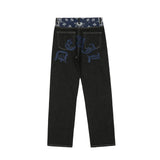y2k retro sanskrit black jeans street casual pants punk male hip hop print loose harajuku mens straight pants ins hot sale unique jeans style 4773