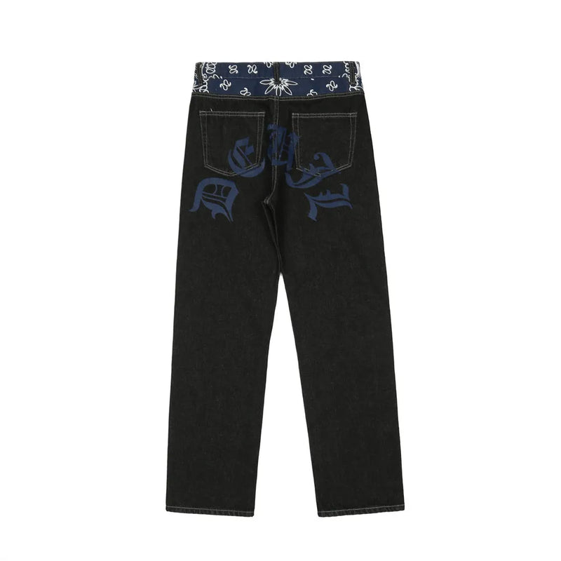 y2k retro sanskrit black jeans street casual pants punk male hip hop print loose harajuku mens straight pants ins hot sale unique jeans style 4773