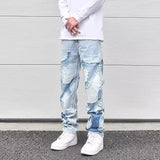 streetwear swag style blue frayed jeans pants for men retro washed ripped casual tapered denim trousers slim fit y2k jean male urban skinny jeans