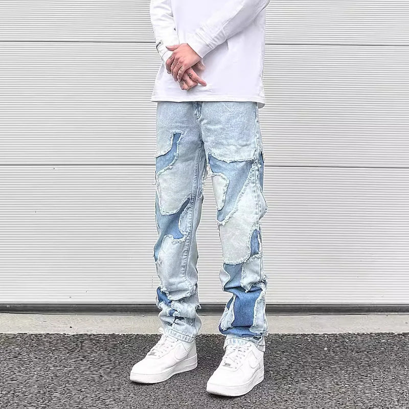 streetwear swag style blue frayed jeans pants for men retro washed ripped casual tapered denim trousers slim fit y2k jean male urban skinny jeans