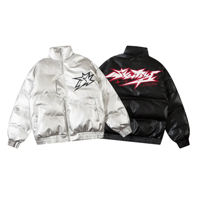 Men Waterproof Warm Jacket Winter Vintage PU Leather Parkas Embroidery Letter Thick Padded Coat Streetwear Hip Hop Loose Parka