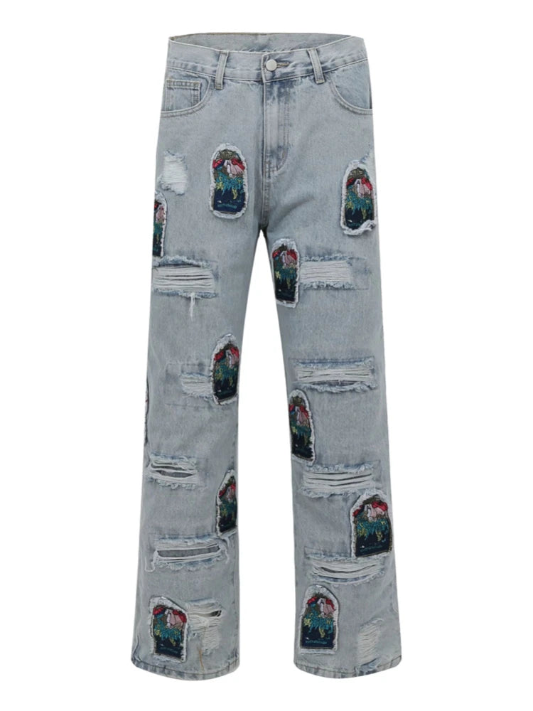 fashion ripped holes patchwork harajuku embroidery denim straight jean pants y2k trouser unisex hip hop streetwear jeans pants stacked flare jeans