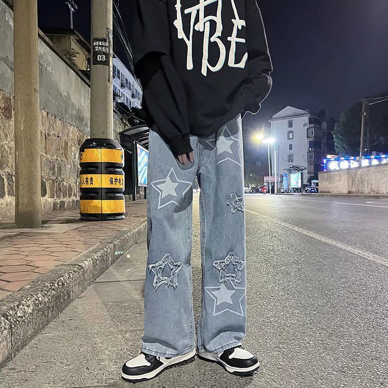 2023 autumn new light luxury fashion jeans men loose european and american style wide leg trousers boutique clothing simplestyle unique jeans style 3874