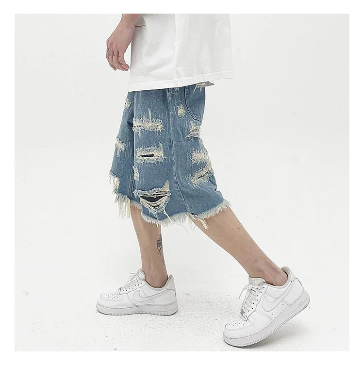 Mens Fashion Denim Jean Shorts Summer Casual Destroyed Ripped Destressed Holes Loose Shorts Hip Hop Streetwear Shorts Joggers