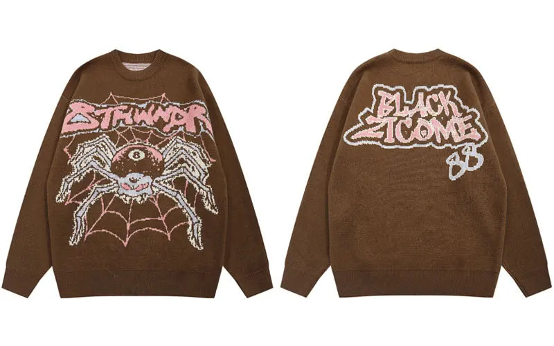 mens hip hop sweater spider knitted pullover o neck jumper fashion punk streetwear harajuku y2k jumpers casual loose sweaters streetwear fashion hoodie, trendy hip hop style outerwear, Y2K vintage urban hoodie