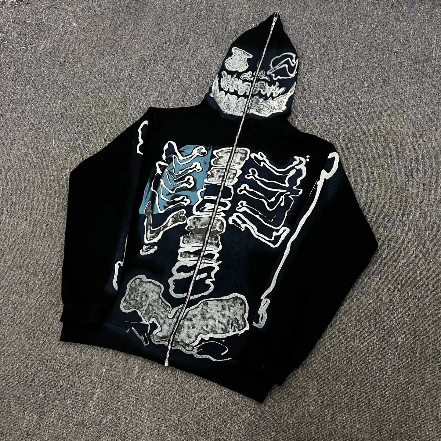 sadcore crying character featuring cactus jack fashion skull skeleton hoodie zip up plush hoodie cardigan kanye oversized zipper hoodies y2k men black clothes