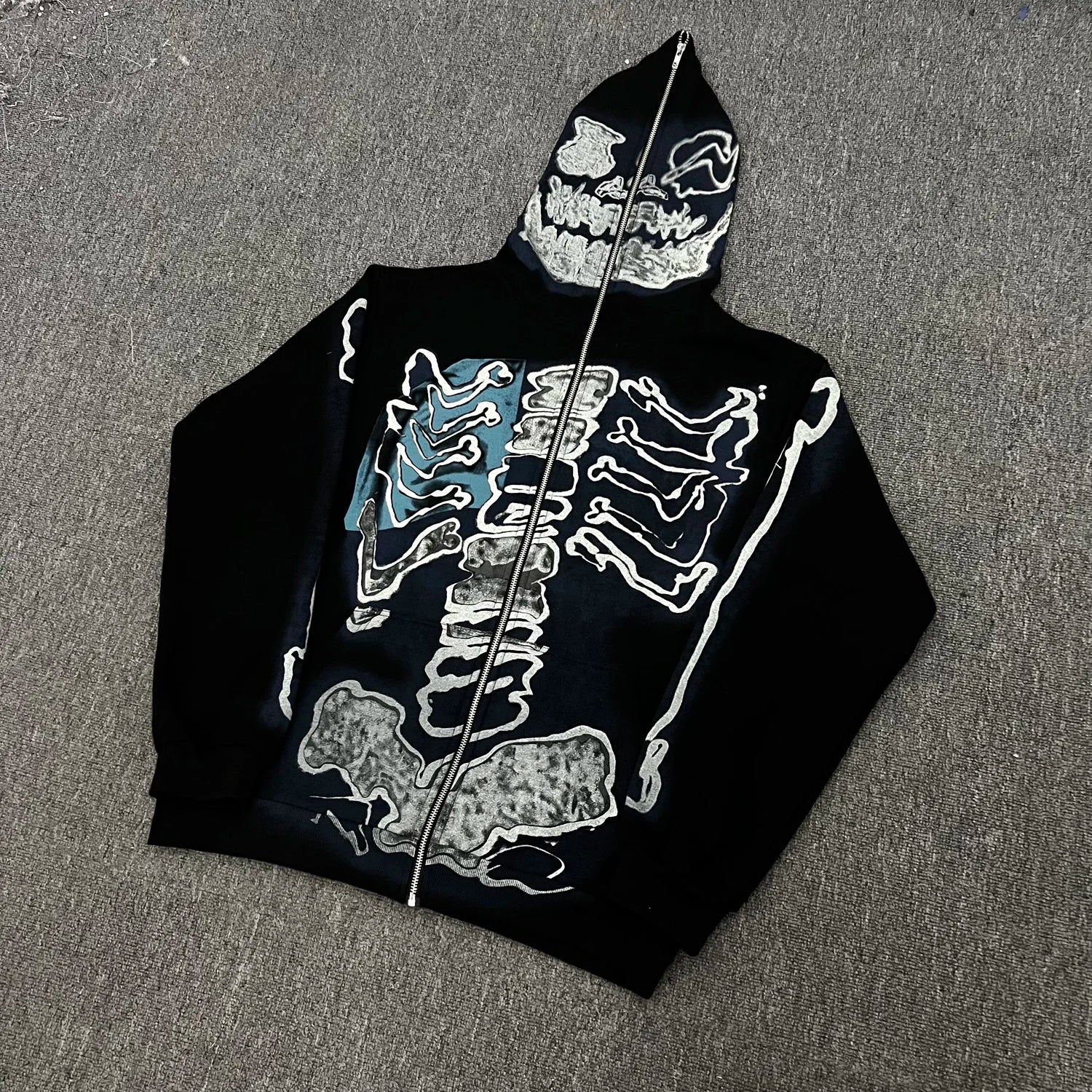 sadcore crying character featuring cactus jack fashion skull skeleton hoodie zip up plush hoodie cardigan kanye oversized zipper hoodies y2k men black clothes