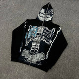 sadcore crying character featuring cactus jack fashion skull skeleton hoodie zip up plush hoodie cardigan kanye oversized zipper hoodies y2k men black clothes