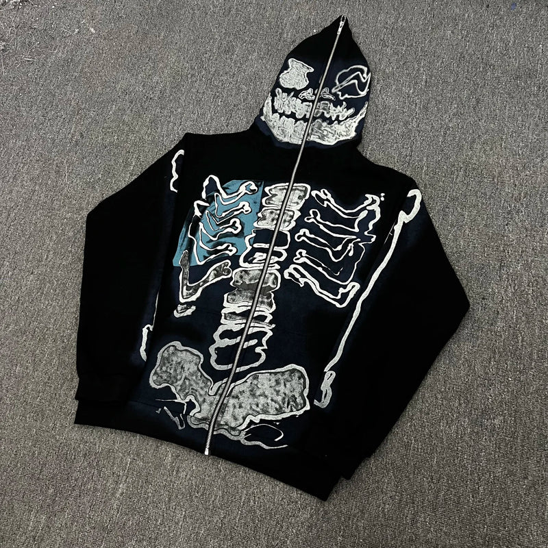 sadcore crying character featuring cactus jack fashion skull skeleton hoodie zip up plush hoodie cardigan kanye oversized zipper hoodies y2k men black clothes