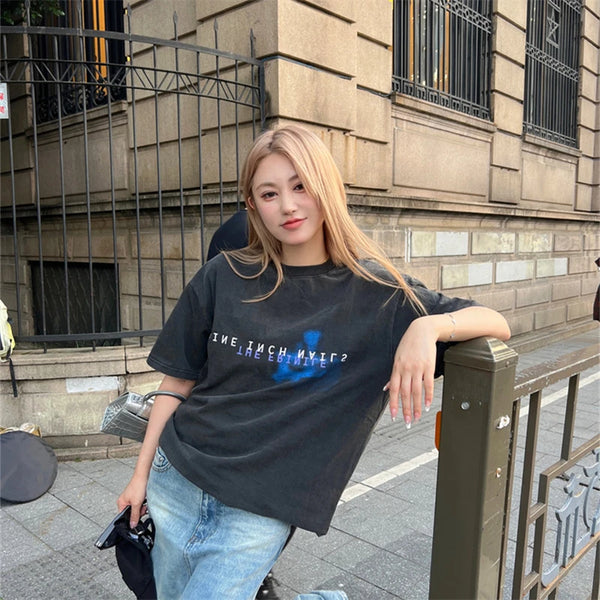 Nine inch DingTalk Letter Summer American High Quality Casual Washed Old Short Sleeve High Street vintage Oversized T-shirt