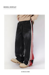 men streetwear fashion side splice hip hop loose casual wide leg straight baggy jeans pant cityboy jeans pants trousers unique jeans style 2622