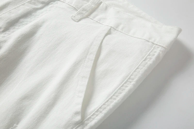 mens hole ripped white ankle zipper button jeans pants straight pockets solid color high street retro loose denim trousers unique jeans style 245