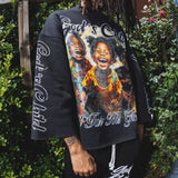 High Street Fashion Distressed Long-sleeved Pullover Men Y2k Harajuku Retro Hip-hop Rock Graffiti Style Oversized T-shirt Women