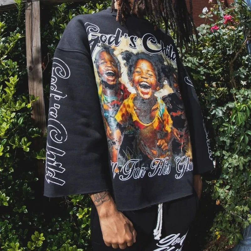 High Street Fashion Distressed Long-sleeved Pullover Men Y2k Harajuku Retro Hip-hop Rock Graffiti Style Oversized T-shirt Women