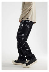 fashion graffiti printed denim jeans mens unisex casual zipper straight jeans streetwear hip hop loose black jean pants joggers unique joggers style 4278