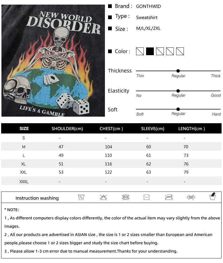 Sadcore Graphic tee – Men Long Sleeve Tshirt Hip Hop Flame Skull Skeleton Poker Pr