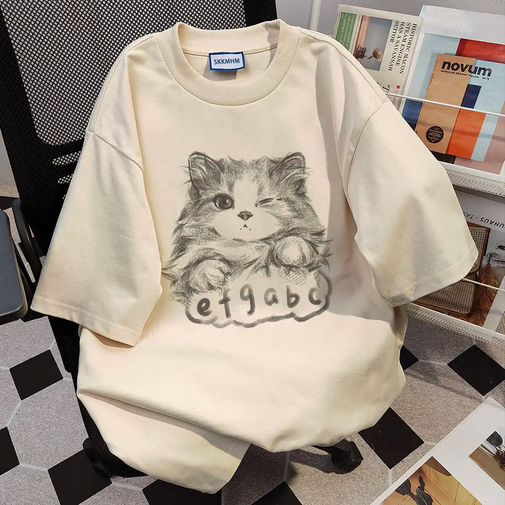 Sadcore Aesthetic piece – Korean Summer Men And Women Trend Personalized Cat Print Rou