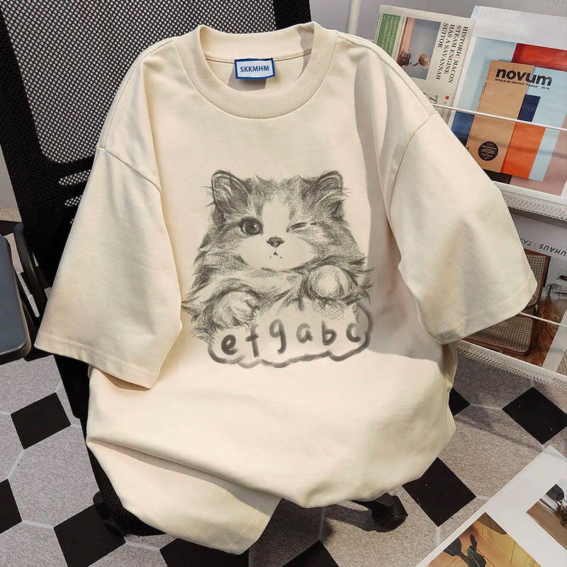 Sadcore Aesthetic piece – Korean Summer Men And Women Trend Personalized Cat Print Rou
