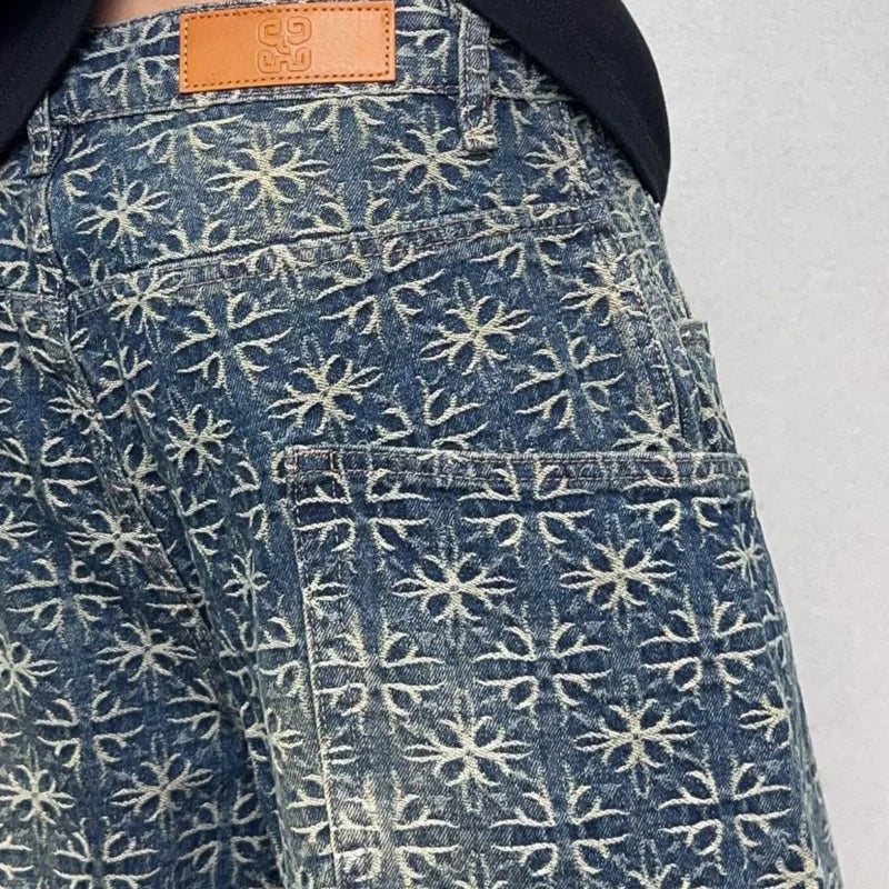 men jacquard loose casual hip hop vibe splice pocket denim baggy jeans pants man streetwear ripped jeans trousers boyfriend denim street jeans