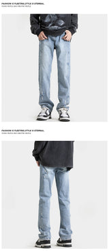 high street slim straight trousers tide vintage washed old colour stars jeans street mens denim trousers 2024 male pants unique jeans style 3332