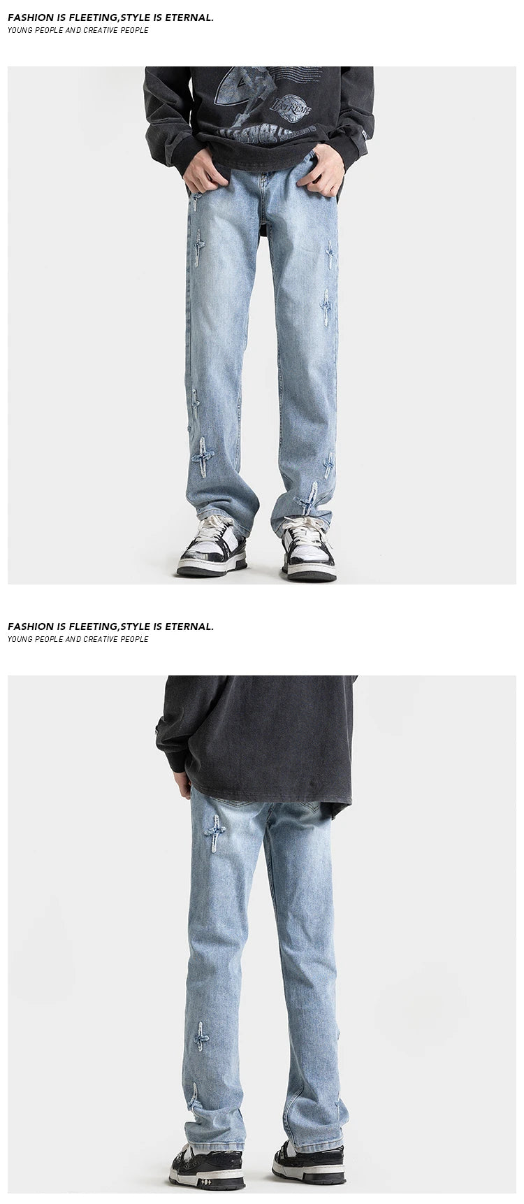 high street slim straight trousers tide vintage washed old colour stars jeans street mens denim trousers 2024 male pants unique jeans style 3332