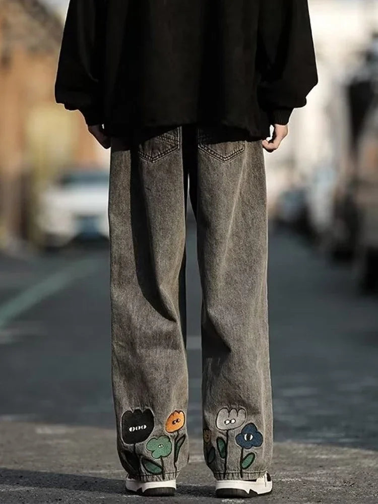 new mens y2k flower printed baggy jeans 2025 streetwear american casual denim wide leg pants hombre vintage straight trousers unique jeans style 694